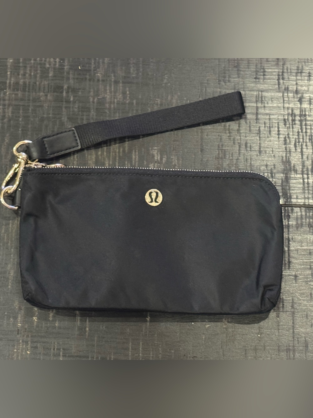 Lululemon Curved Black Nylon Wristlet Wallet Gold Tone Logo Hardware Clutch